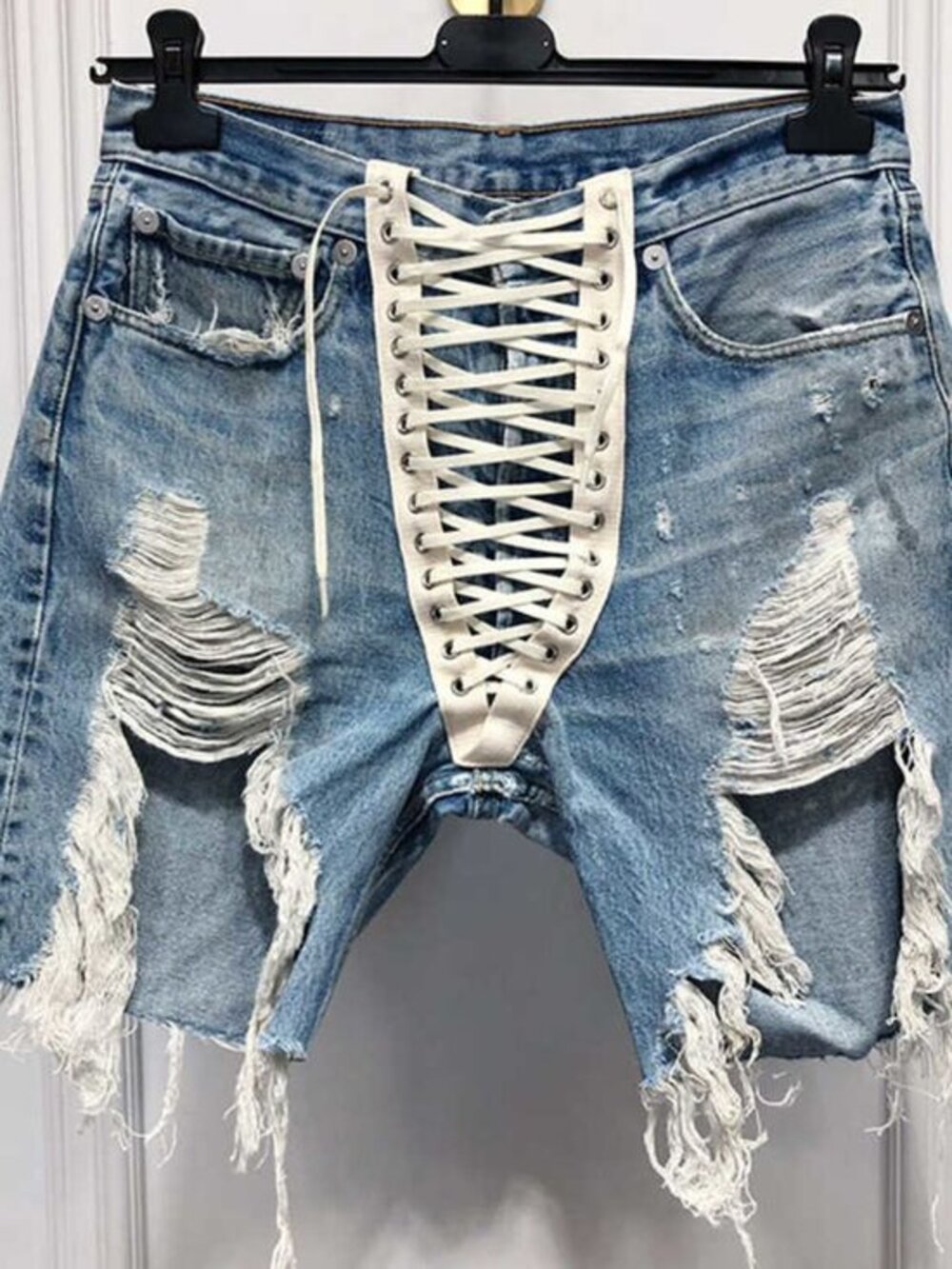 Distressed Shoelace Denim Shorts